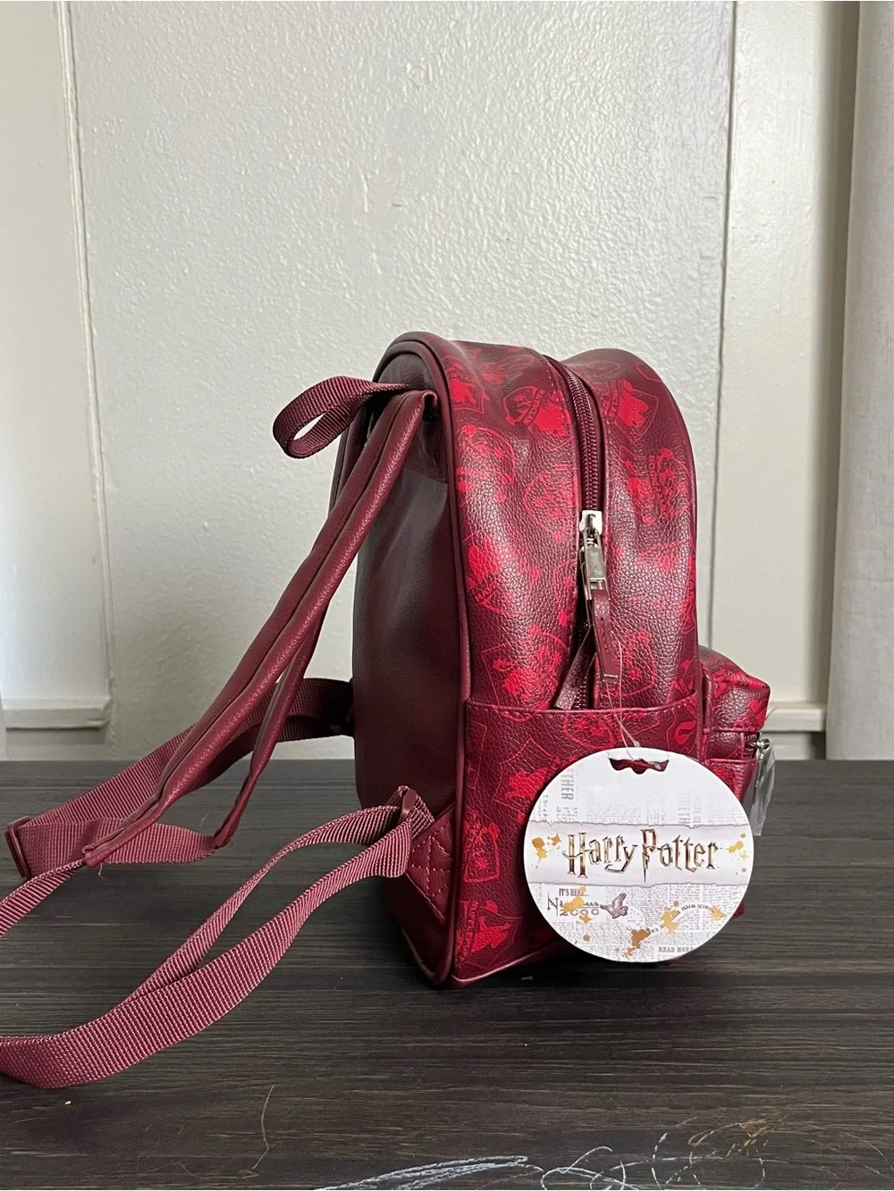 Maroon red faux leather Harry Potter Hogwarts mini backpack ft crest applique